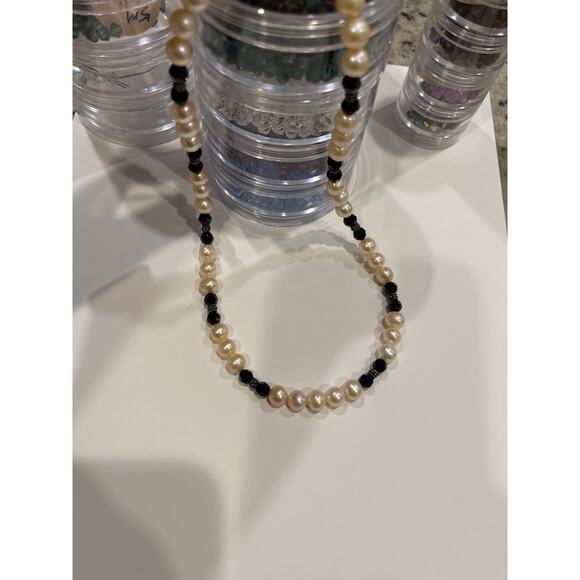 Fresh Water Pearls & Jet Black Crystals - Handcrafted Beaded 18.25" Necklace - Picture 2 of 4